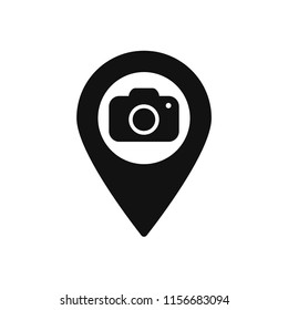 Map marker with Camera icon, map pin, GPS location symbol, vector illustration