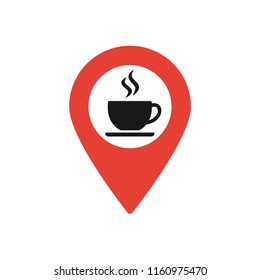 Map marker with Coffee cup icon, map pin, GPS location symbol, vector illustration