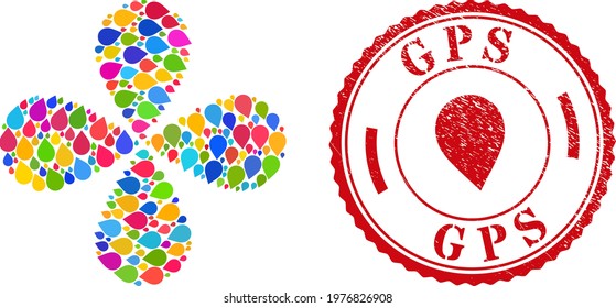 Map marker colored explosion flower cluster, and red round GPS rubber stamp. Map marker symbol inside round stamp imitation. Element flower designed from scattered map marker symbols.
