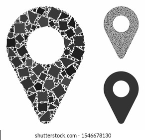Map marker composition of bumpy pieces in various sizes and color tints, based on map marker icon. Vector bumpy dots are organized into collage. Map marker icons collage with dotted pattern.