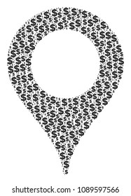 Map marker composition of dollars and sphere spots. Vector dollar symbols are composed into map marker collage.