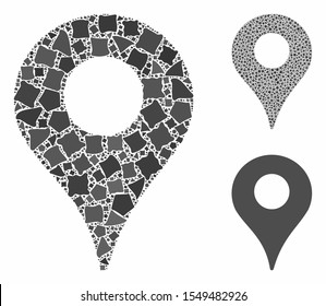 Map marker composition of inequal parts in different sizes and color tones, based on map marker icon. Vector inequal parts are organized into composition. Map marker icons collage with dotted pattern.