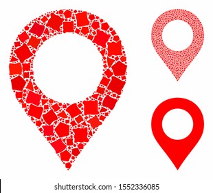 Map marker composition of inequal parts in variable sizes and shades, based on map marker icon. Vector raggy parts are united into collage. Map marker icons collage with dotted pattern.