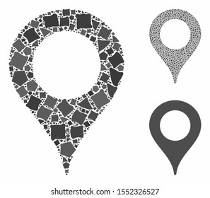 Map marker composition of ragged pieces in various sizes and color hues, based on map marker icon. Vector uneven pieces are combined into composition. Map marker icons collage with dotted pattern.