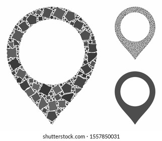 Map marker composition of tremulant elements in variable sizes and color tints, based on map marker icon. Vector rough elements are united into composition.