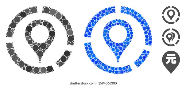Map marker diagram composition of small circles in various sizes and color tinges, based on map marker diagram icon. Vector filled circles are grouped into blue composition.