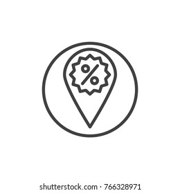 Map marker with discount label line icon, outline vector sign, linear style pictogram isolated on white. Percent map pointer symbol, logo illustration. Editable stroke