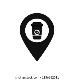 Map marker with disposable coffee cup icon, map pin, GPS location symbol, vector illustration
