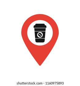 Map marker with disposable coffee cup icon, map pin, GPS location symbol, vector illustration