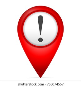 Map marker with exclamation symbol on a white background.