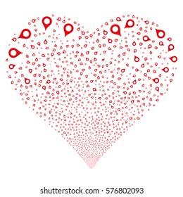Map Marker fireworks with heart shape. Vector illustration style is flat red iconic symbols on a white background. Object salute created from random design elements.
