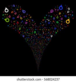 Map Marker fireworks stream. Vector illustration style is flat bright multicolored iconic symbols on a black background. Object double fountain done from random symbols.