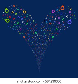 Map Marker fireworks stream. Vector illustration style is flat bright multicolored iconic symbols on a blue background. Object double fountain done from random design elements.