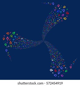 Map Marker fireworks swirl rotation. Vector illustration style is flat bright multicolored iconic symbols on a blue background. Object whirlpool combined from random pictograms.