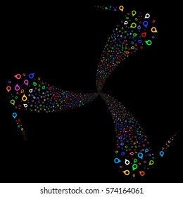 Map Marker fireworks swirl rotation. Vector illustration style is flat bright multicolored iconic symbols on a black background. Object whirlpool organized from random pictograms.