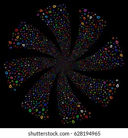 Map Marker fireworks swirl rotation. Vector illustration style is flat bright multicolored iconic symbols on a black background. Object spiral done from random pictographs.