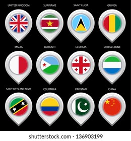Map marker with flag-set fourth. In this set icons, I drawed these flags: Saint Kitts and Nevis, Suriname, Pakistan, Saint lucia, Djibouti, Georgia, United Kingdom, Colombia, China, Guinea, Malta