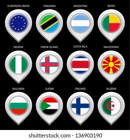 Map marker with flag-set second. In this set icons, I drawed these flags: Faroe island, Nigeria, Macedonia, Algeria, Tanzania, Benin, Sudan, European union, Argentina, Bulgaria, Finland