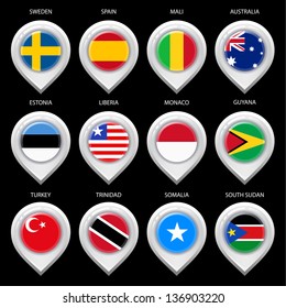 Map marker with flag-set third. In this set icons, I drawed these flags: Trinidad, Guyana, South Sudan, Liberia, Australia, Spain, Monaco, Somalia, Turkey, Mali, Sweden, Estonia