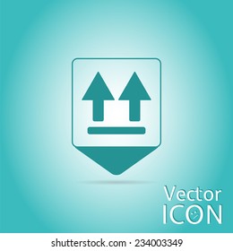 Map marker - fragile package symbol. Map pointer. Two directional arrows. Flat design style. Made in vector