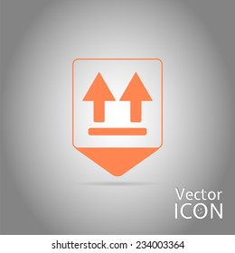 Map marker - fragile package symbol. Map pointer. Two directional arrows. Flat design style. Made in vector