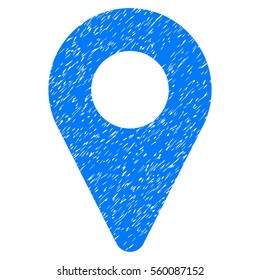 Map Marker grainy textured icon for overlay watermark stamps. Flat symbol with dust texture. Dotted vector blue ink rubber seal stamp with grunge design on a white background.