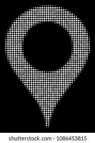 Map marker halftone vector pictogram. Illustration style is dotted iconic map marker icon symbol on a black background. Halftone texture is circle items.