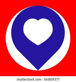 Map marker with heart shape. Blue icon in white circle at red background. Colors of USA flag. Circumscribed circle. Circumcircle.