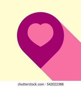 Map marker with heart shape. Flirt color icon with cyclamen flat style shadow path on cream background.