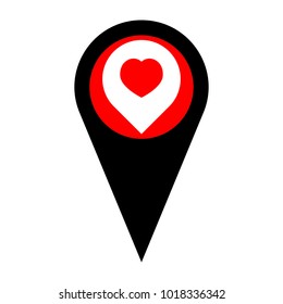 Map marker with heart shape. Vector. Flat white icon in red circle at black marker on white background. Isolated.