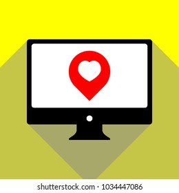 Map marker with heart shape. Vector. Red icon on white monitor of black all-in-one desktop computer with two shadows at yellow background.
