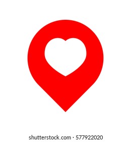 Map marker with heart shape. Vector. Red icon on white background. Isolated.