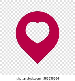 Map marker with heart shape. Vector. Bordo icon on transparent background.