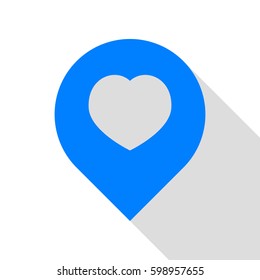 Map marker with heart shape. Vector. Azure icon with flat style shadow path on white background.