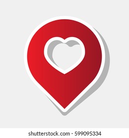 Map marker with heart shape. Vector. New year reddish icon with outside stroke and gray shadow on light gray background.