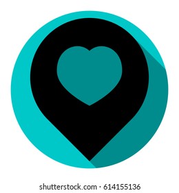 Map marker with heart shape. Vector. Flat black icon with flat shadow on royal yellow circle with white background. Isolated.