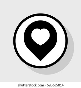 Map marker with heart shape. Vector. Flat black icon in white circle with shadow at gray background.