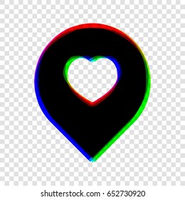 Map marker with heart shape. Vector. Black icon with red-green-blue contours on transparent background.