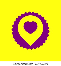 Map marker with heart shape. Vector. Violet label with hole as icon on yellow background.