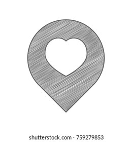 Map marker with heart shape. Vector. Shaded gray icon on white background. Isolated.