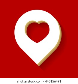 Map marker with heart shape. White button icon with wood color and shadow on dark red background.