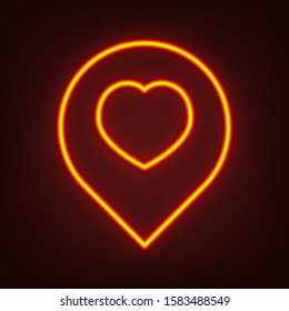 Map marker with heart shape. Yellow, orange, red neon icon at dark reddish background. Illumination. Illustration.