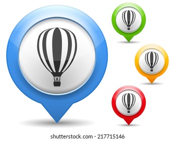 Map marker with hot air balloon icon, vector eps10 illustration