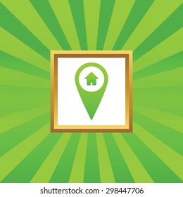Map marker with house image in golden frame, on green abstract background