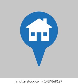 Map marker with house on grey background.