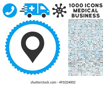 Map Marker icon with 1000 medical commercial gray and blue vector pictograms. Design style is flat bicolor symbols, white background.