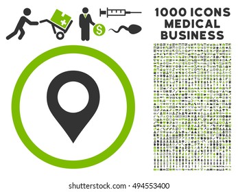 Map Marker icon with 1000 medical commercial eco green and gray vector pictographs. Collection style is flat bicolor symbols, white background.