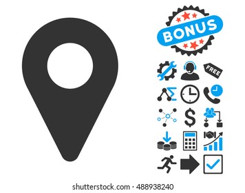 Map Marker icon with bonus images. Vector illustration style is flat iconic bicolor symbols, blue and gray colors, white background.