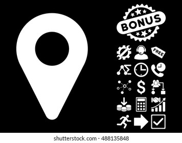 Map Marker icon with bonus pictogram. Vector illustration style is flat iconic symbols, white color, black background.