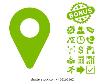 Map Marker icon with bonus pictogram. Vector illustration style is flat iconic symbols, eco green color, white background.